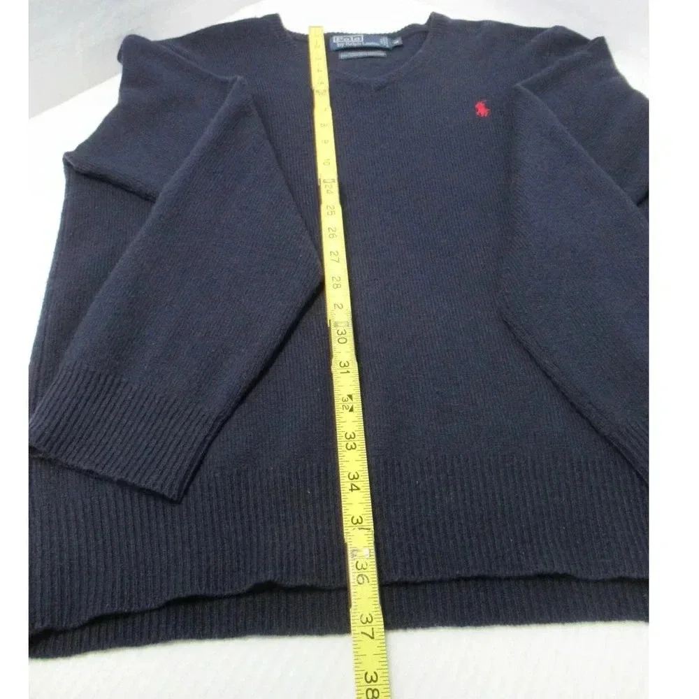 Polo By Ralph Lauren Mens Blue Lambs Wool Long Sleeve V-Neck Pullover Sweater M